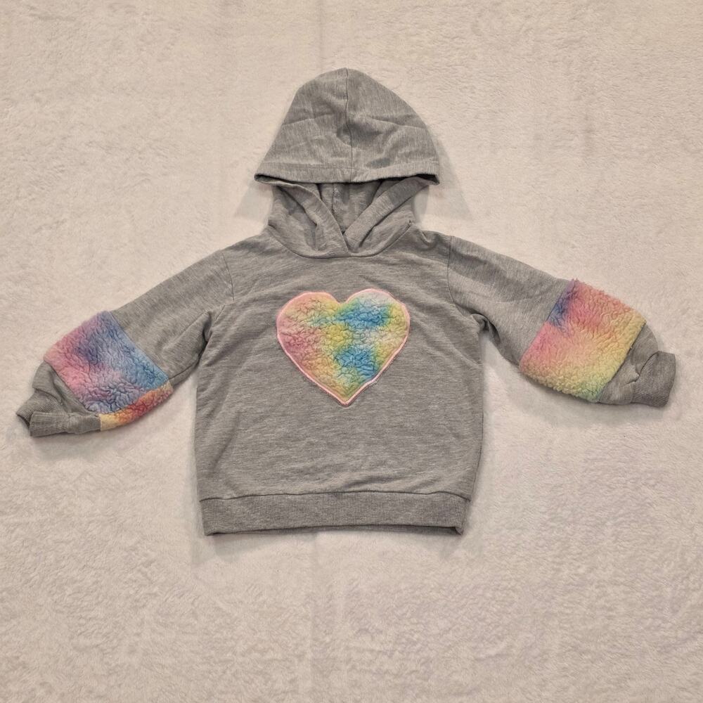 Girls Size 3 Gray Hoodie Rainbow Heart Fuzzy Sleeve